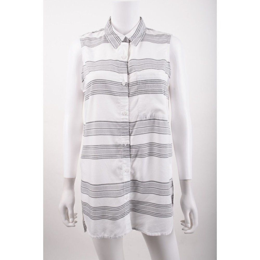 Beach Lunch Lounge Womans Blouse Shirt Tunic Top PS S Petite Gray White Striped
